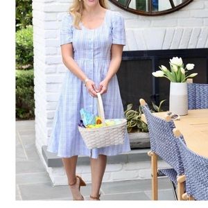 Draper James Dress Blue Plaid Button Down Linen Blend Cottagecore size 2